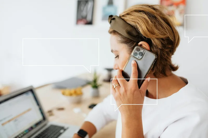 Split screen: agent on phone with laptop showing VA communication platform